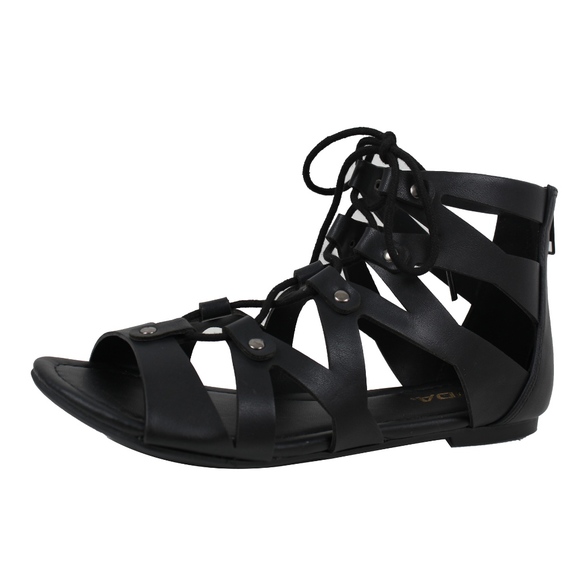 Black Open Toe Lace Up Strappy Ankle Flat Sandals - Picture 2 of 3